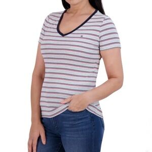 Tommy Hilfiger Multicolor Striped V-Neck Short Sleeve Relaxed Top Ladies Large